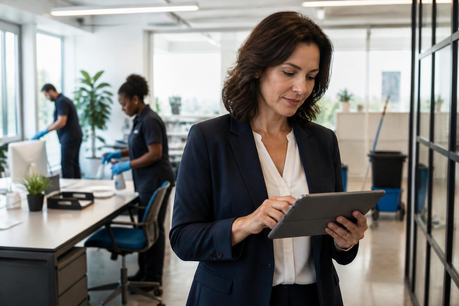 Responsable de nettoyage utilisant une checklist digitale